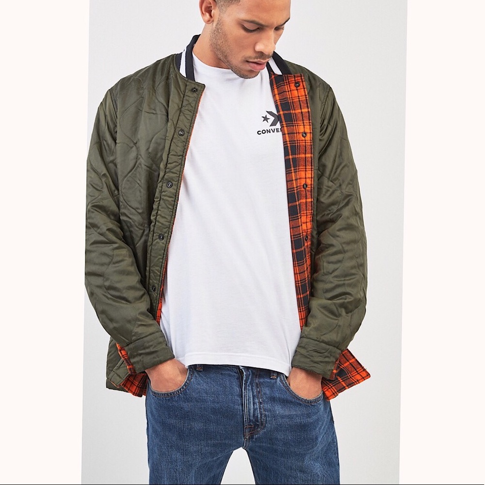 25 - CONVERSE Reversible Quilted Flannel Shirt Jacket Green Size S - Picture 2 of 8